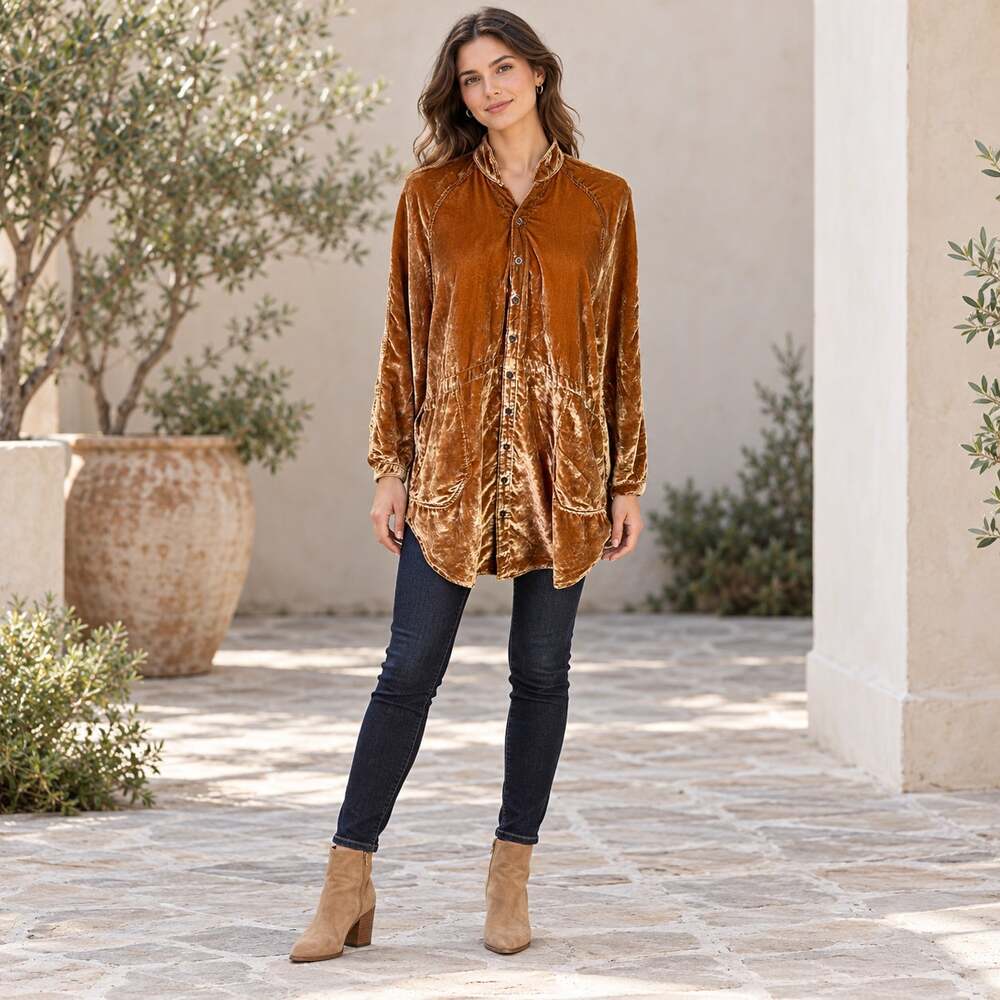 We The Free Shirt WMNS XS Golden Brown Velvet Long Sleeve Tunic Bohemian Luxe